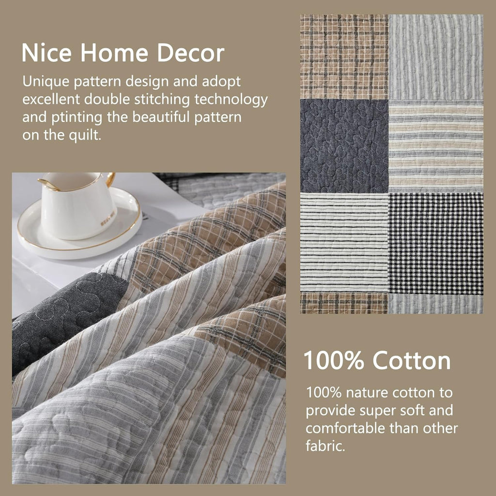 Finlonte King Quilt Bedding Set - 100% Cotton King Size Comforter, Plaid Quilted Bedspread Farmhouse Country Bed Spread, Lightweight Reversible King Quilt Sets All-Season, Gray/Brown/Black/White, 3Pcs