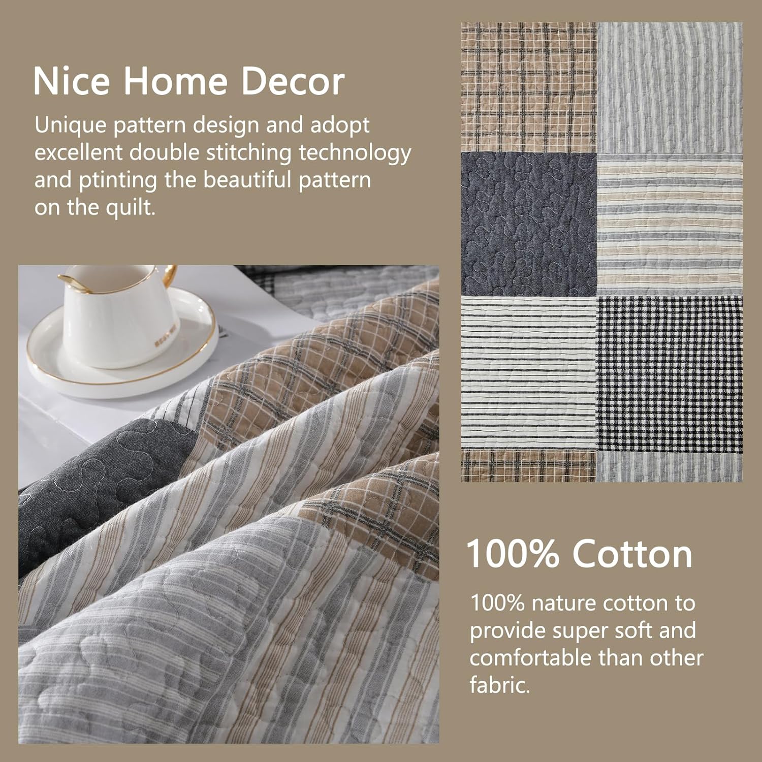 Finlonte King Quilt Bedding Set - 100% Cotton King Size Comforter, Plaid Quilted Bedspread Farmhouse Country Bed Spread, Lightweight Reversible King Quilt Sets All-Season, Gray/Brown/Black/White, 3Pcs