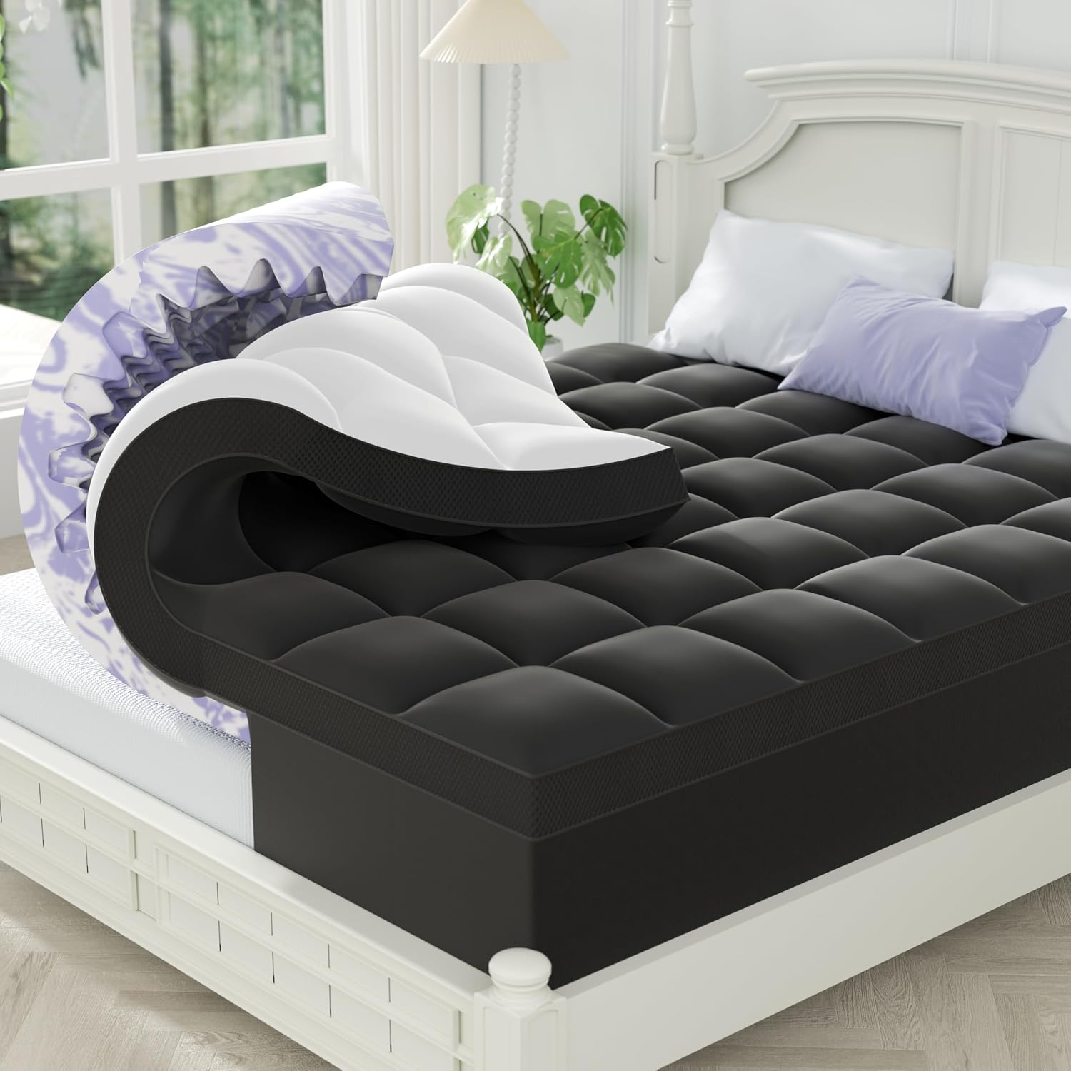 ChiXpace Dual Layer 5 Inch Memory Foam Mattress Topper King - 3 Inch Pillow Top Mattress Pad and 2 Inch Gel Memory Foam, 7-Zone Egg Crate King Size Mattress Topper (Black)