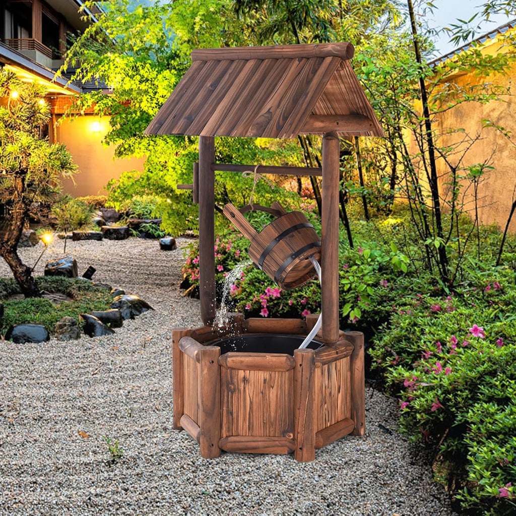 HAPPYGRILL Outdoor Wishing Well Water Fountain, Old-Fashioned Wood Waterfall Fountain with Bucket Pump, Rustic Farmhouse Decoration for Garden Backyard
