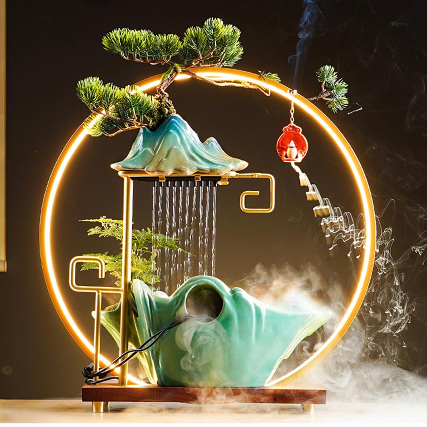 Crane Tabletop Fountain Indoor Waterfall Fountain Office Tabletop Water Fountain with Lights Backflow Incense Burner Ceramic Indoor Zen Decor for Home Office Yoga Meditation (Buddha)