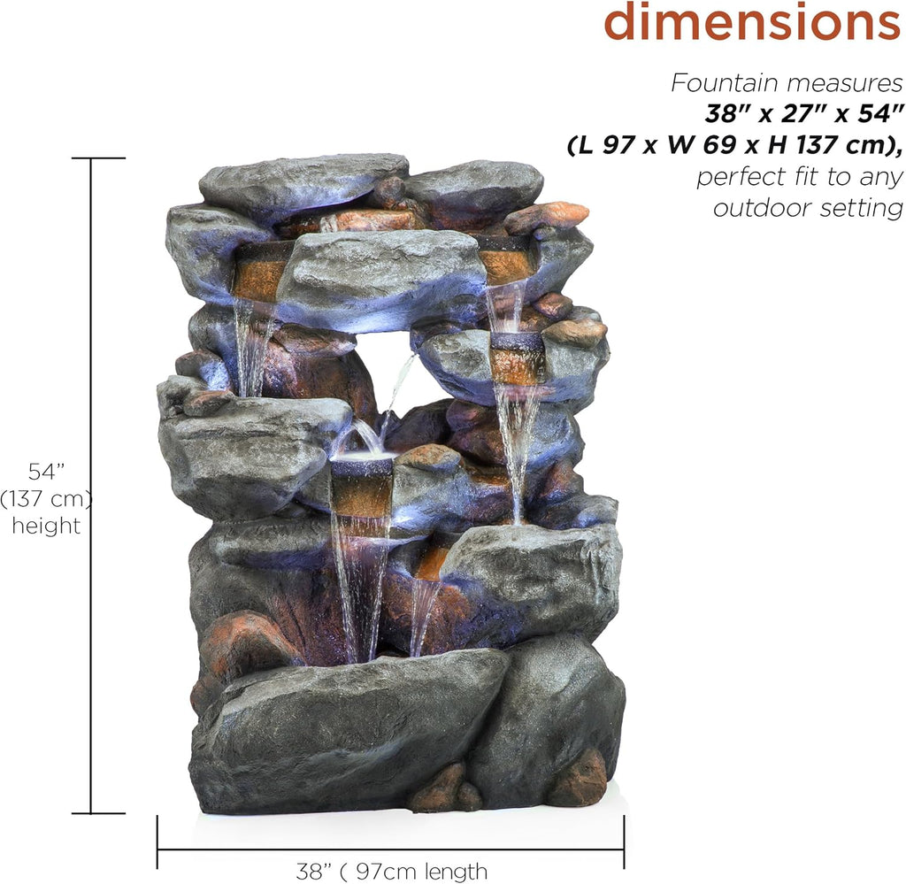 Alpine Corporation WIN1068 Outdoor Floor Rock Water Fountain with LED Lights, 5-Tier Rock Waterfall Fountain 54', Dark Brown