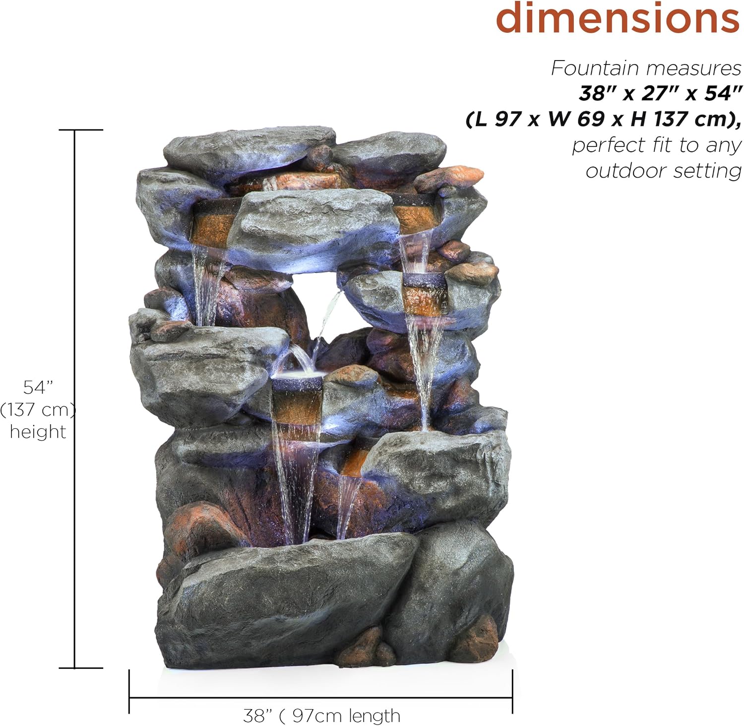 Alpine Corporation WIN1068 Outdoor Floor Rock Water Fountain with LED Lights, 5-Tier Rock Waterfall Fountain 54', Dark Brown