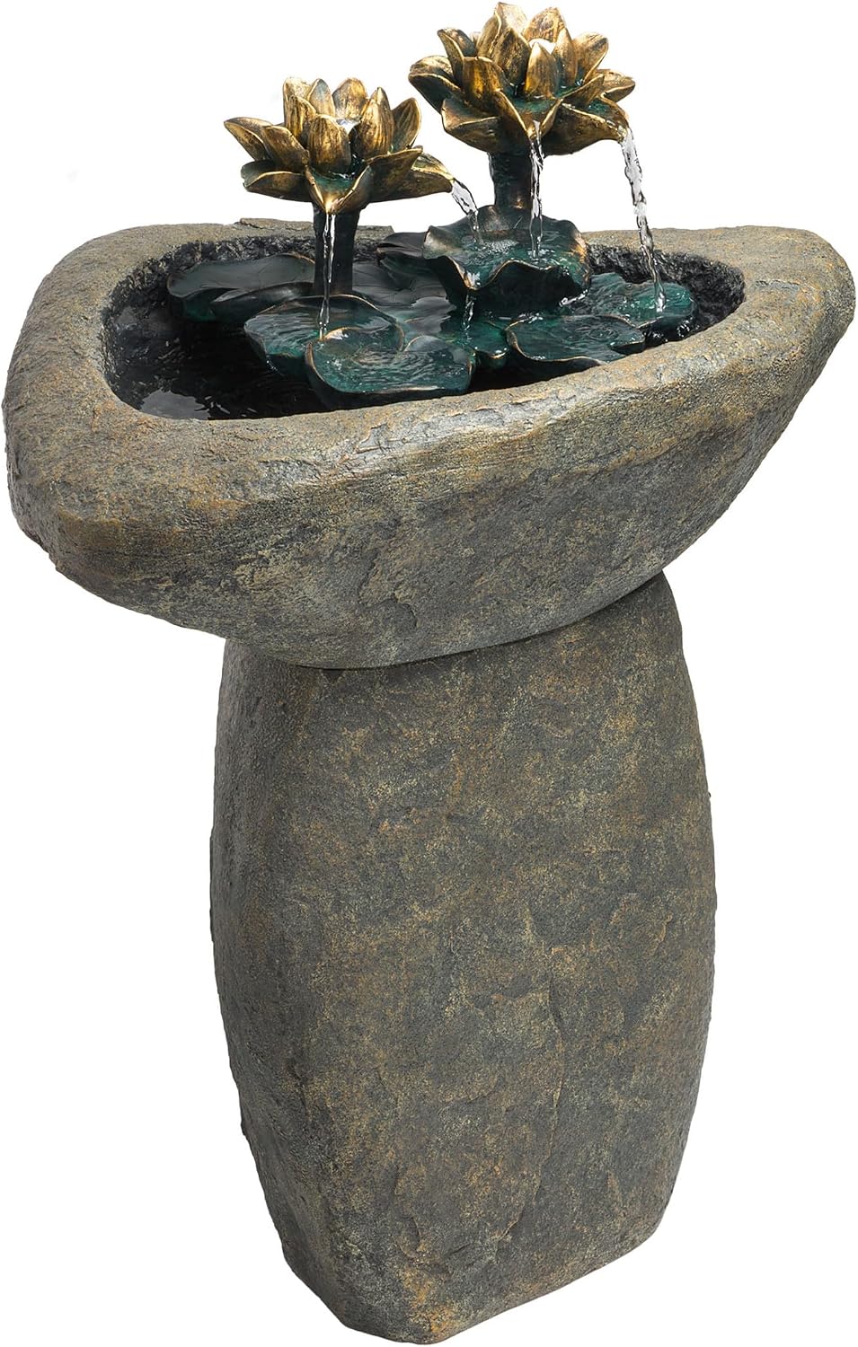 Alpine Corporation USA1393 Outdoor Floor Vintage Pedestal Lotus Rock Water Fountain, Soothing Pedestal Waterfall, 30', Brown