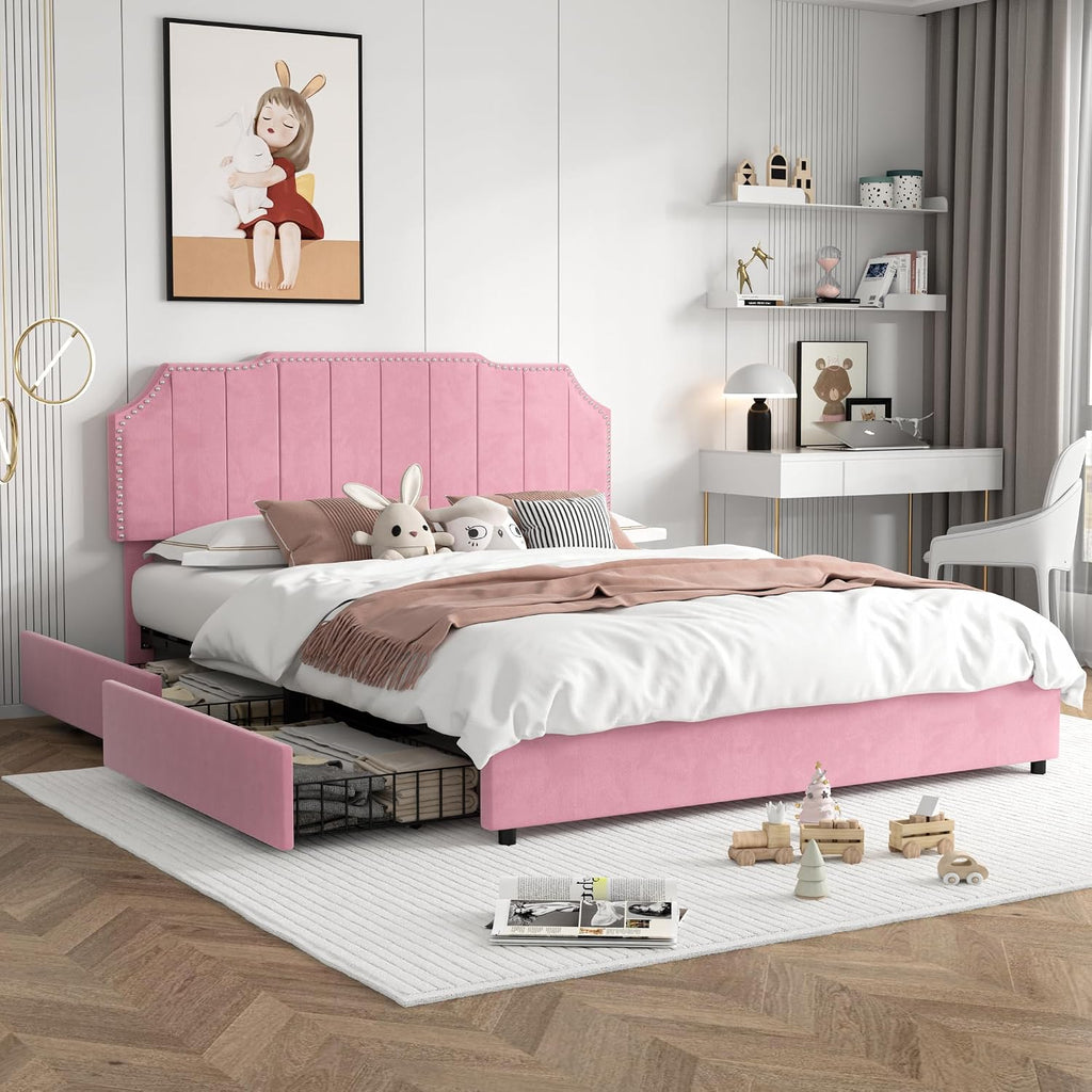 VECELO Queen Upholstered Platform Bed Frame with 4 Storage Drawers,Velvet Vintage Queen Bed with Nailhead Trim,Tufted Height Adjustable Headboard,Wooden Slats/No Box Spring Needed/Easy Assembly