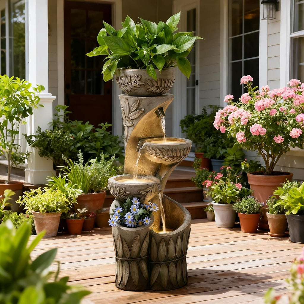 35.6' H Outdoor Water Fountain - Relief Leaf Design 4 Tiers Modern Cascading Bowls and Garden Fountains with Lights for Patio, Deck, Porch, Lawns, Backyard and Home Art Decor