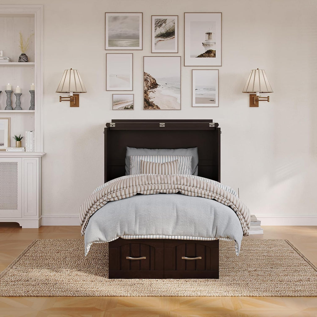 AFI, Nantucket Twin Murphy Bed Chest with Mattress, Storage Drawer and Built-In USB Charger, Espresso