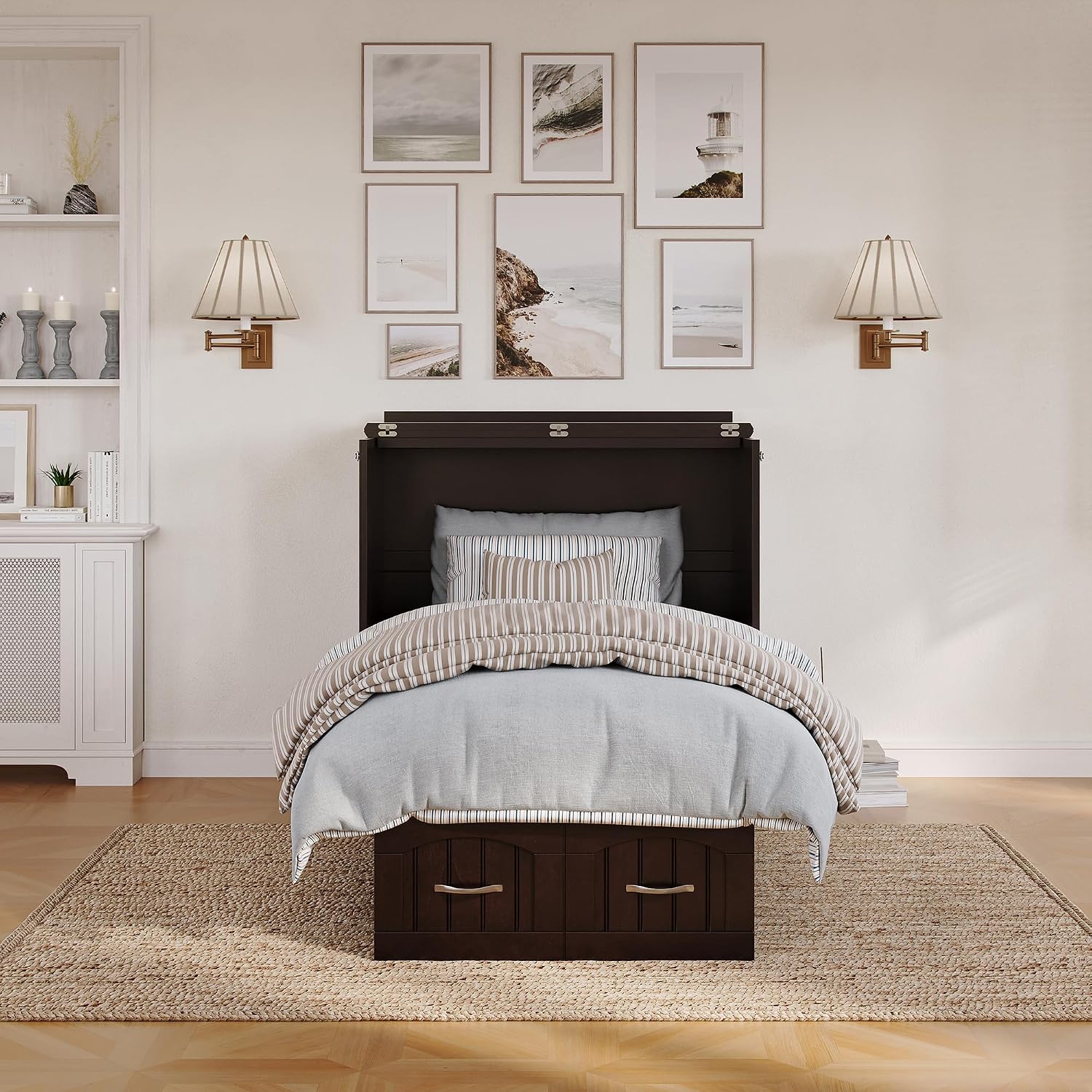 AFI, Nantucket Twin Murphy Bed Chest with Mattress, Storage Drawer and Built-In USB Charger, Espresso