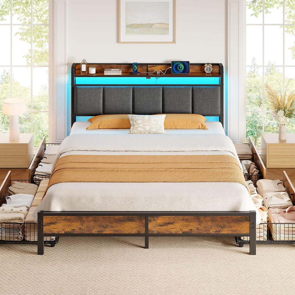 Rolanstar Bed Frame Queen Size with Charging Station and LED Lights, Upholstered Storage Headboard with Drawers, Heavy Duty Metal Slats, No Box Spring Needed, Easy Assembly, Rustic Brown
