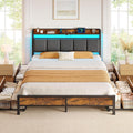 Rolanstar Bed Frame Queen Size with Charging Station and LED Lights, Upholstered Storage Headboard with Drawers, Heavy Duty Metal Slats, No Box Spring Needed, Easy Assembly, Rustic Brown