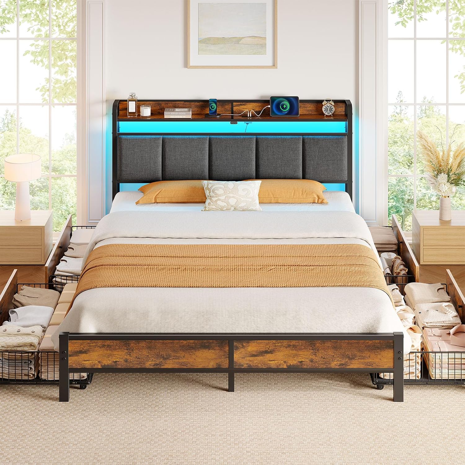 Rolanstar Bed Frame Queen Size with Charging Station and LED Lights, Upholstered Storage Headboard with Drawers, Heavy Duty Metal Slats, No Box Spring Needed, Easy Assembly, Rustic Brown