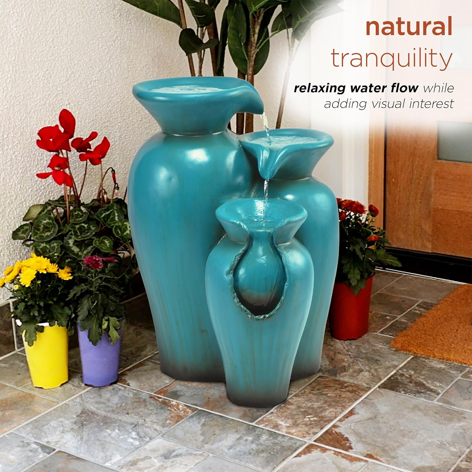 Alpine Corporation DIG246TUR 21' Outdoor 3-Tiered Pots Water Fountain – Cascading Ceramic Water Feature with Built-In Pump for Gardens, Patios, Yards, and Outdoor Décor, Turquoise
