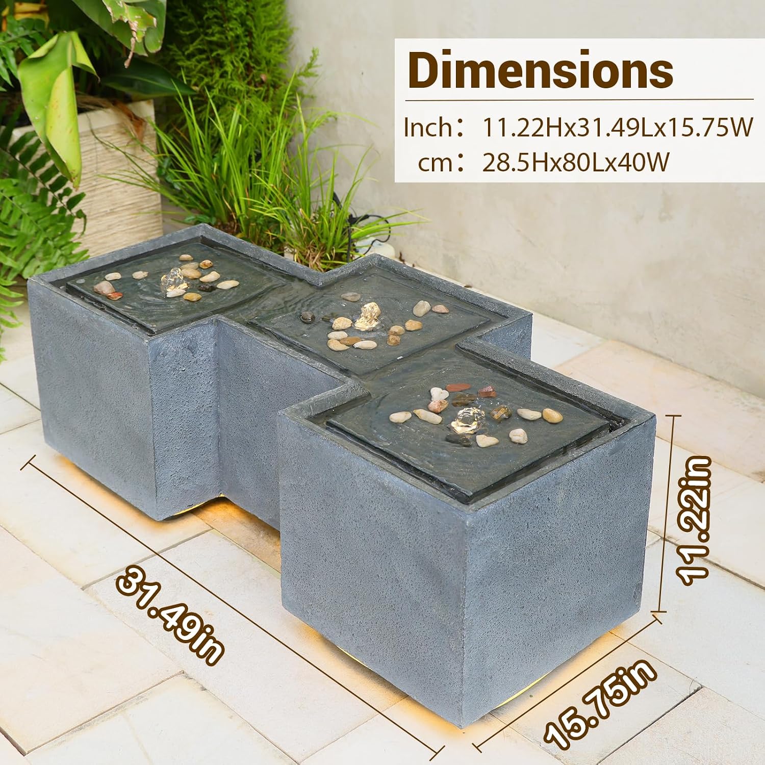 Sunlinua Small Modern Outdoor Water Fountain with 3 Led Lights Tiered Cascading Waterfall Feature with Quiet Pump Floor Water Fountain for Patio Garden Backyard Decking Home and Indoor Décor Brown