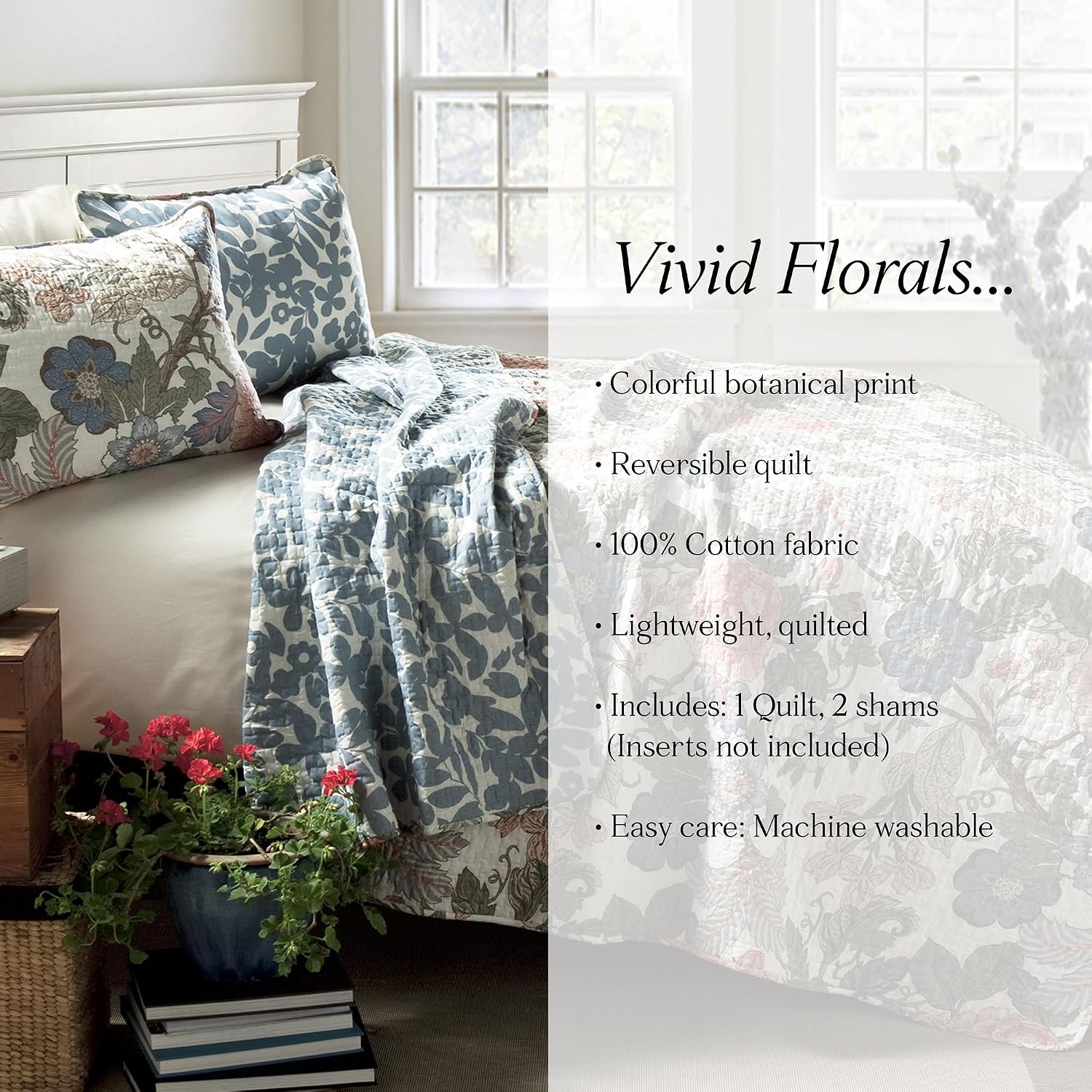 Lush Decor Sydney Reversible Cotton Quilt Set, 3 Piece Set, King/California King, Green & Blue - Cotton Bedding Set - Blue Floral Quilt - Cottage Decor - Bedding King Size