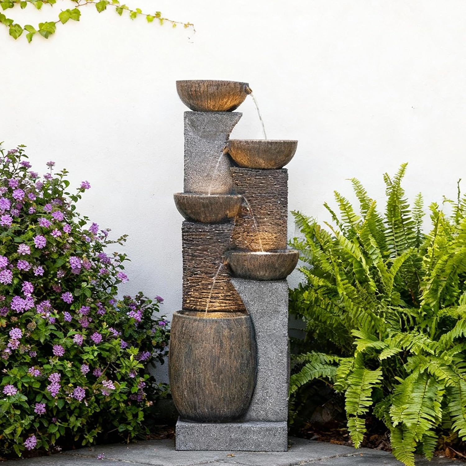 Bumilgar 51.6'' H Tall Outdoor Water Fountain, 5-Tier Resin Cascading Crock Bowls with LED Lights, Garden Water Feature and Waterfall for Porch, Deck, Patio, Yard, and Home Décor, Dark Gray