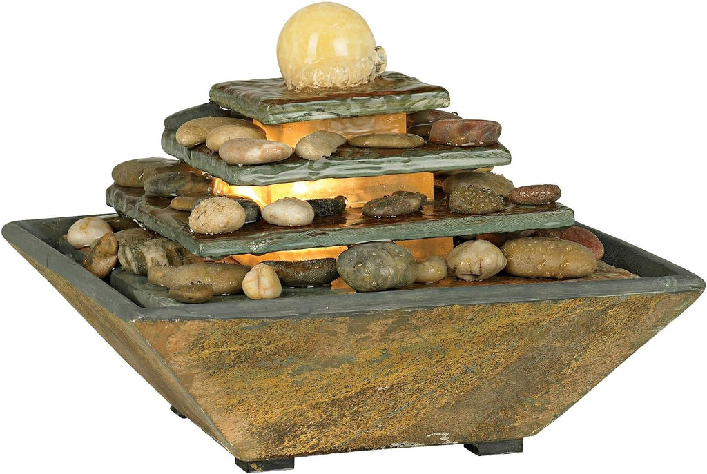 Pyramid 9' High Small Zen Modern Indoor Decor Slate Stone Tabletop Fountain with Light LED Waterfall Feng Shui Ball Water Feature for Desk Relaxation Bedroom Living Room Countertop - John Timberland