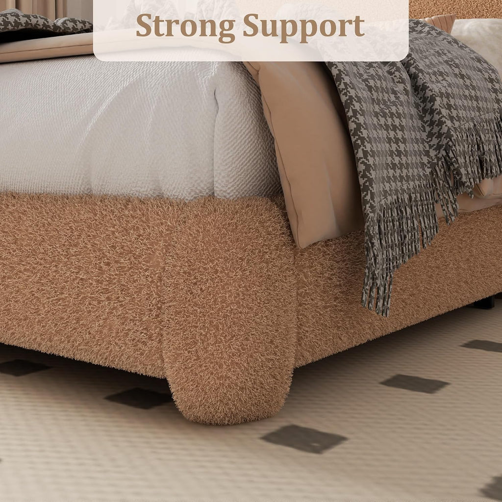 Queen Size Boucle Bed Frame with Adjustable Headboard, Upholstered Cloud Platform Bed, Anti-Collision Soft Rounded Corners, No Box Spring Needed, Easy Assembly, Noise Free, Camel
