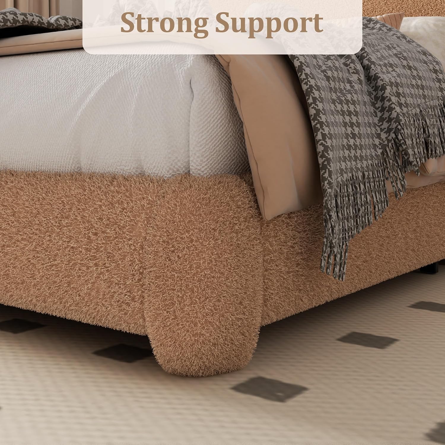 Queen Size Boucle Bed Frame with Adjustable Headboard, Upholstered Cloud Platform Bed, Anti-Collision Soft Rounded Corners, No Box Spring Needed, Easy Assembly, Noise Free, Camel