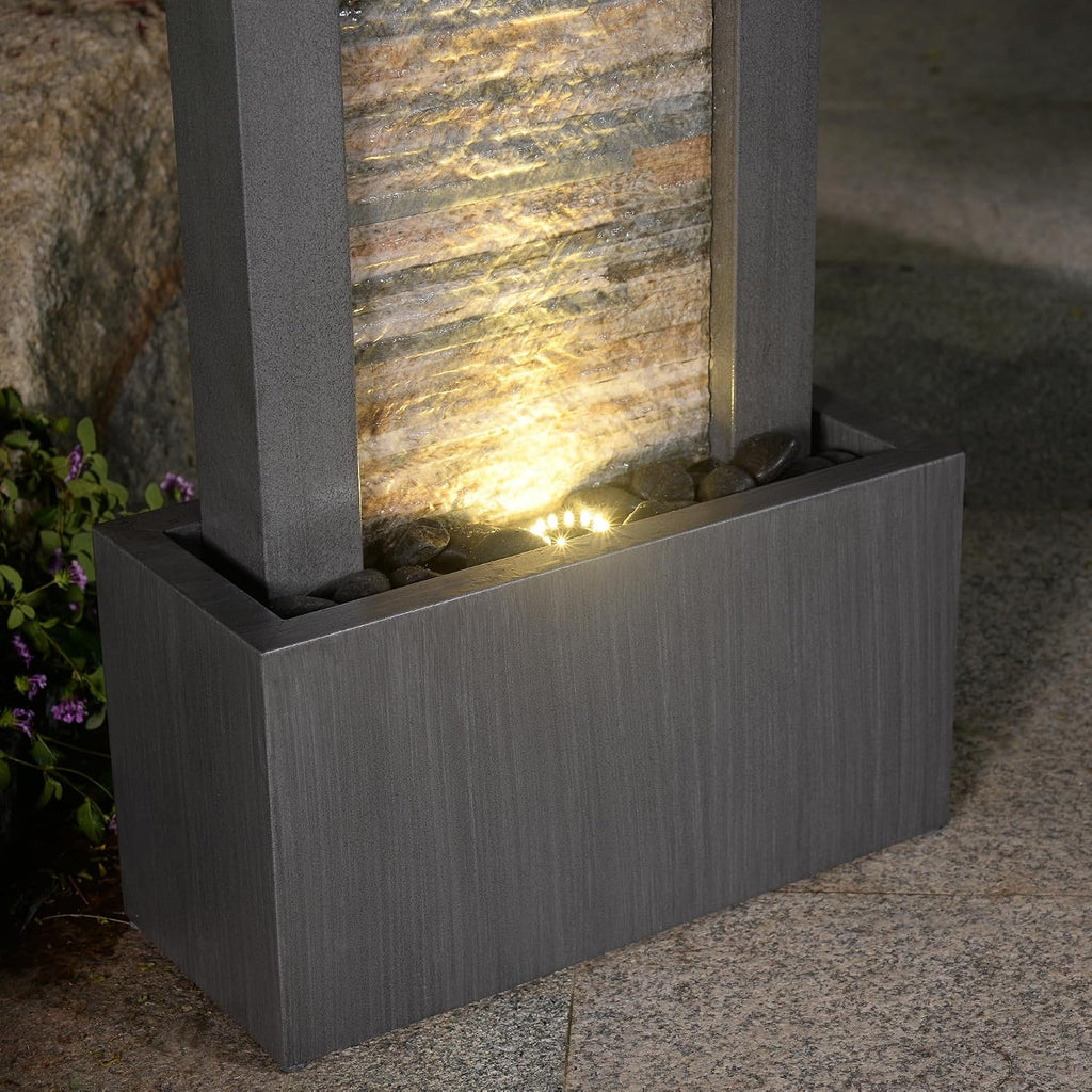 Zen Garden Metal Fountain with Stone Brick Accent - Tranquil Harmony