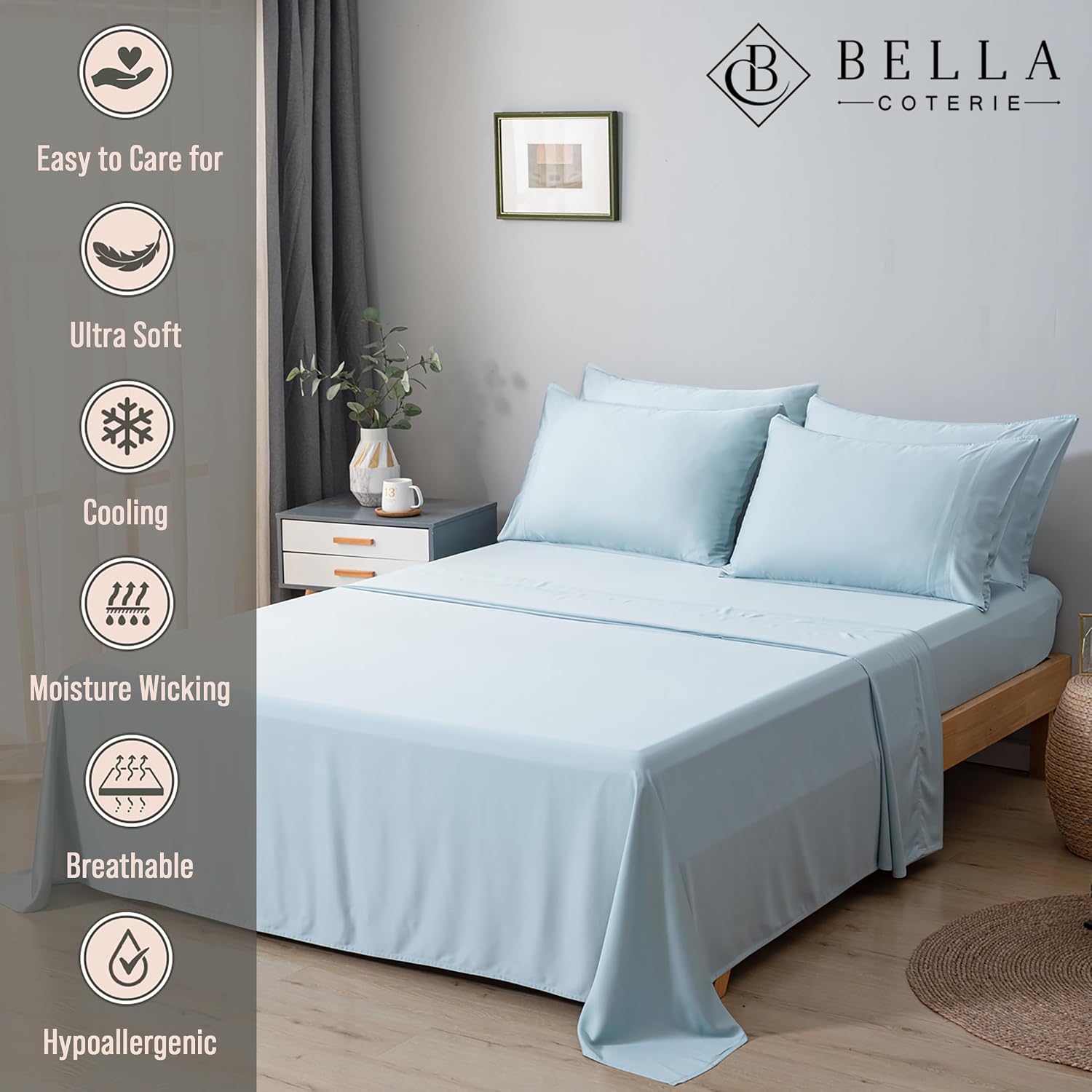 Bella Coterie 6 Piece Luxury Bamboo Viscose King Size Sheet Set | 100% Organically Grown | Cooling for Hot Sleepers | 18' Deep Pocket | Soft & Hypoallergenic | 4 Pillowcases [Coastal Blue]