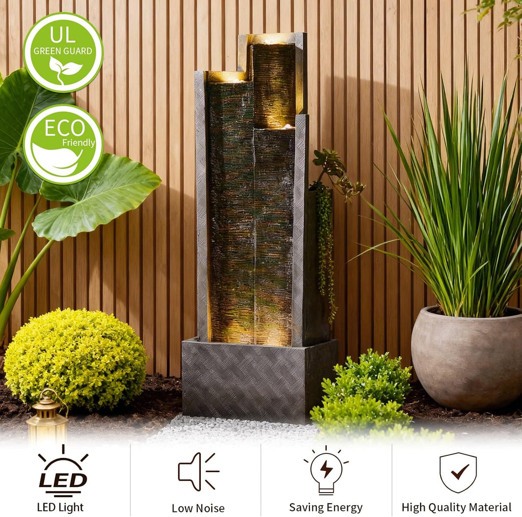 Sunlinua 49.6H Modern Outdoor Water Fountain with LED Light Garden Cascading Waterfall Feature for Indoor or Outdoor Cascading Waterfall for Relaxing Garden Patio Backyard Porch or Home Décor
