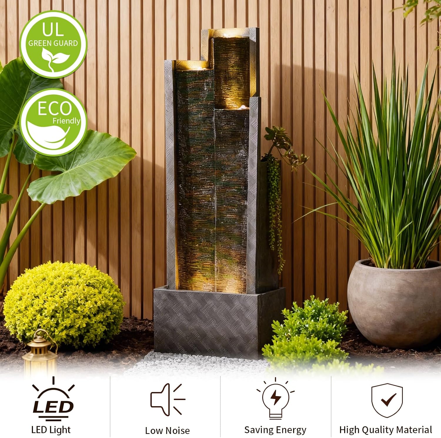 Sunlinua 49.6H Modern Outdoor Water Fountain with LED Light Garden Cascading Waterfall Feature for Indoor or Outdoor Cascading Waterfall for Relaxing Garden Patio Backyard Porch or Home Décor