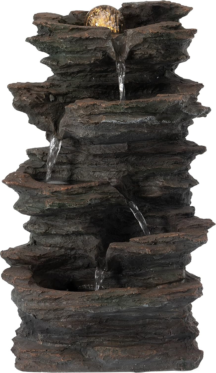 Gardenised Decorative 4 Tier Rock Look Water Fountain with LED Rolling Glow Ball for Home and Garden, Gray