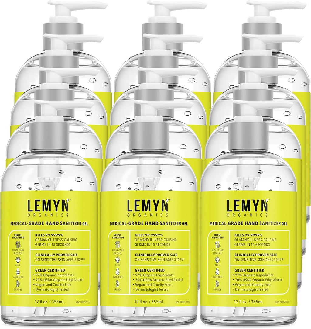Lemyn Organics Medical‑Grade Hand Sanitizer Gel – 97 % Organic | 70 % USP Ethyl Alcohol | Moisturizing Aloe + Hyaluronic Acid | Freshly Made in USA | 12oz Bottle with Pump (PACK OF 12)