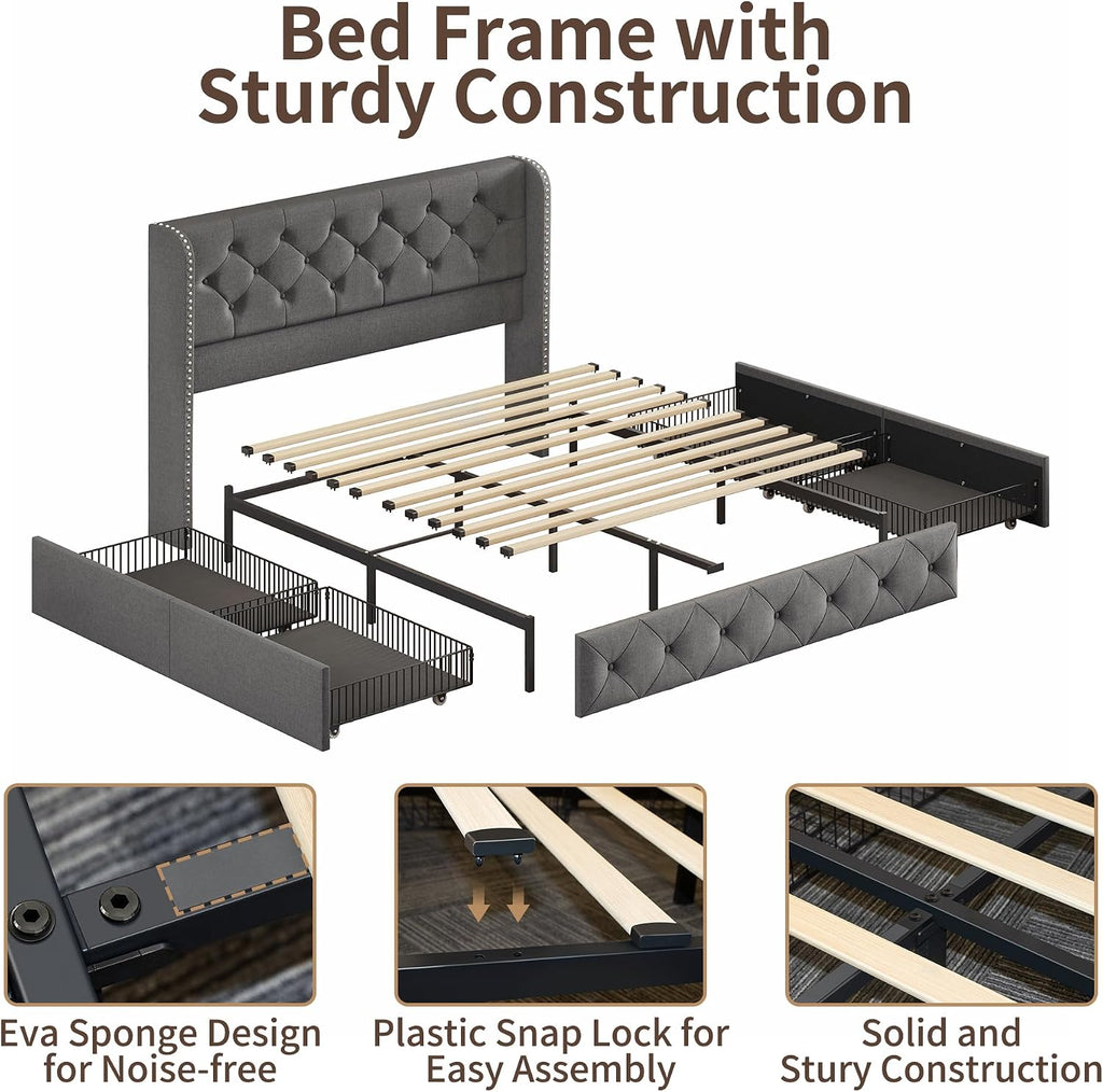 BRELTAM Queen Size Bed Frame with Storage Drawers and Wingback Headboard Linen Upholstered Platform Bed Frame Tufted Beds with Heavy Duty Wood Slats, Noise Free, Easy Assembly, Grey