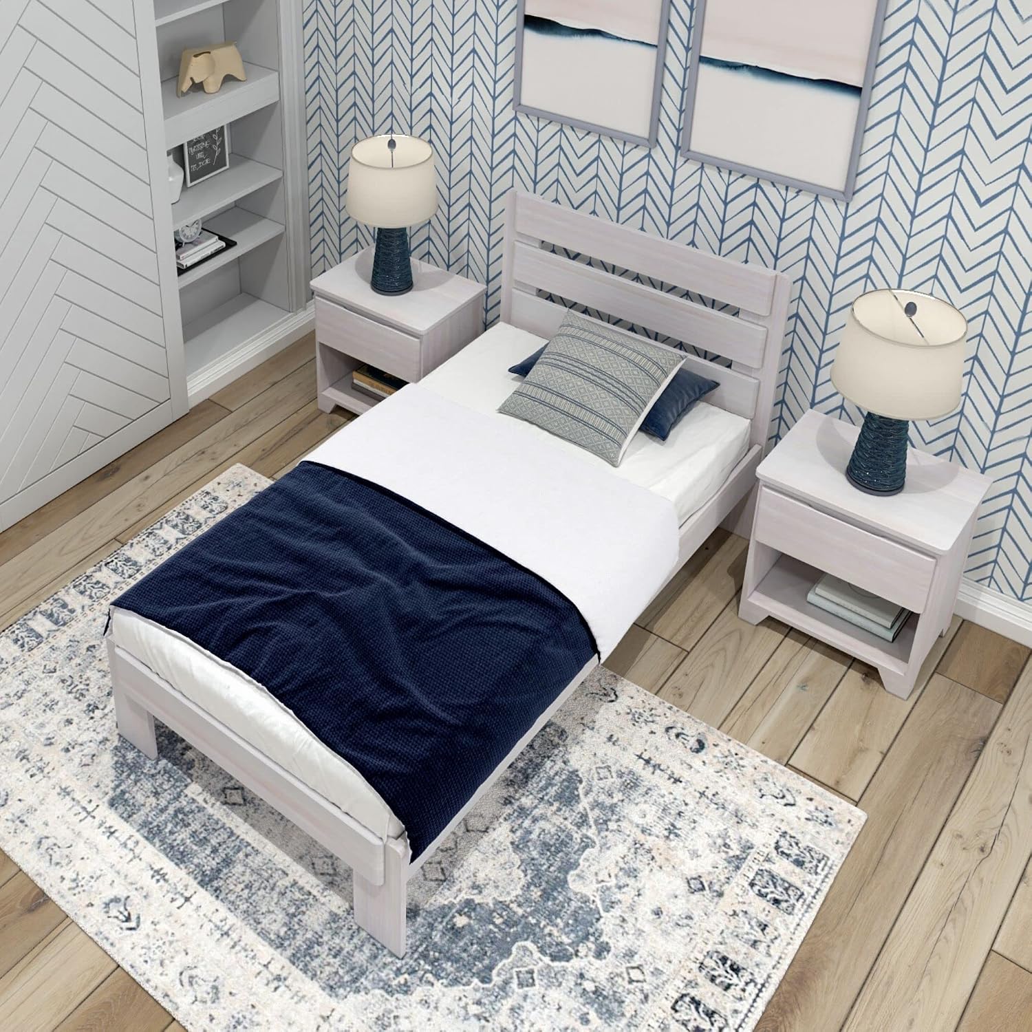 Plank+Beam Rustic Wood Twin Bed Frame, Platform Bed with Headboard, Slatted, White Wash