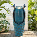 32.5' H Ceramic Jar Outdoor Fountain, Honeycomb Pot Water Feature with LED Lights, Soothing Trickling Waterfall for Garden, Patio, Yard, Balcony Oasis, KD Vivid Birds, Turquoise Glaze