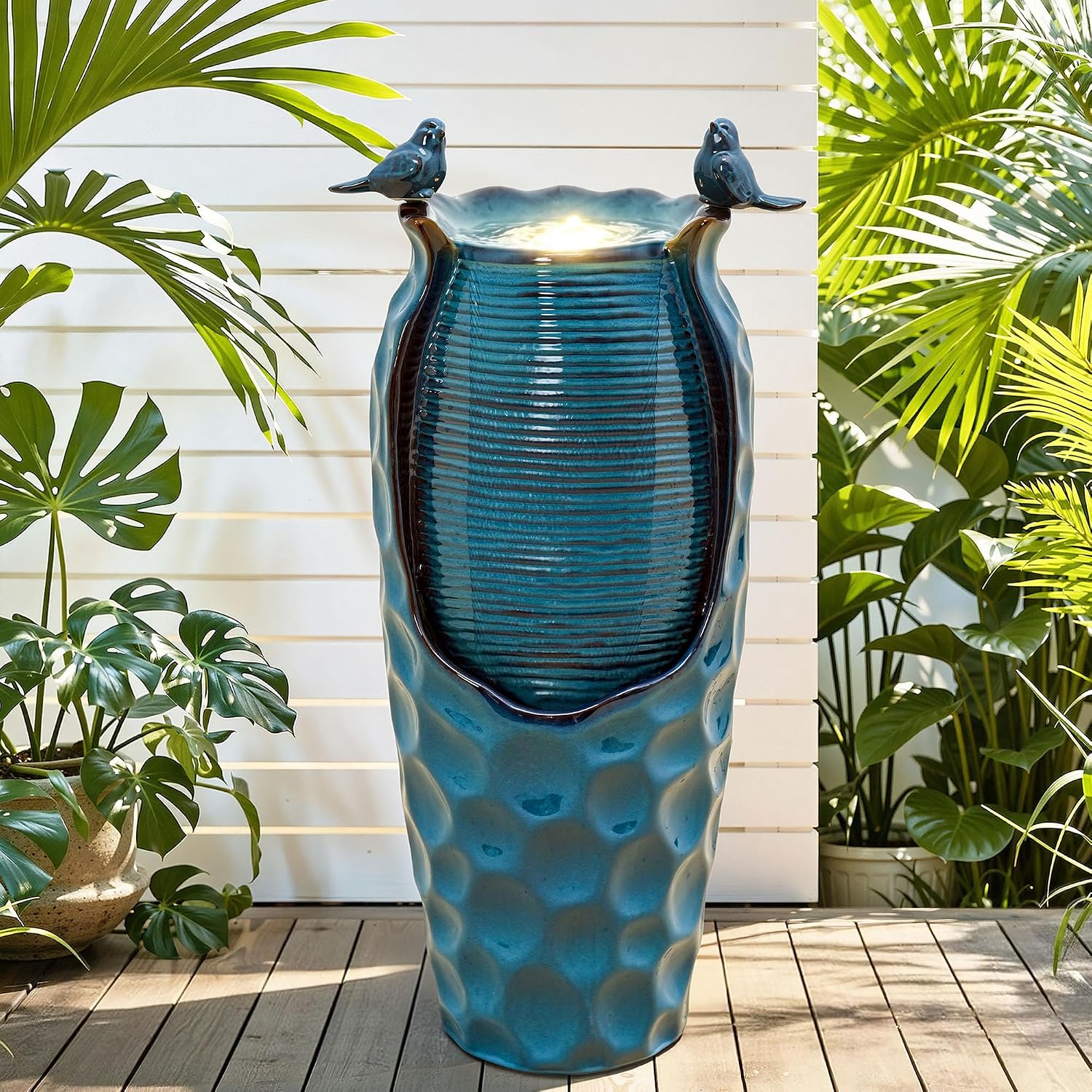 32.5' H Ceramic Jar Outdoor Fountain, Honeycomb Pot Water Feature with LED Lights, Soothing Trickling Waterfall for Garden, Patio, Yard, Balcony Oasis, KD Vivid Birds, Turquoise Glaze