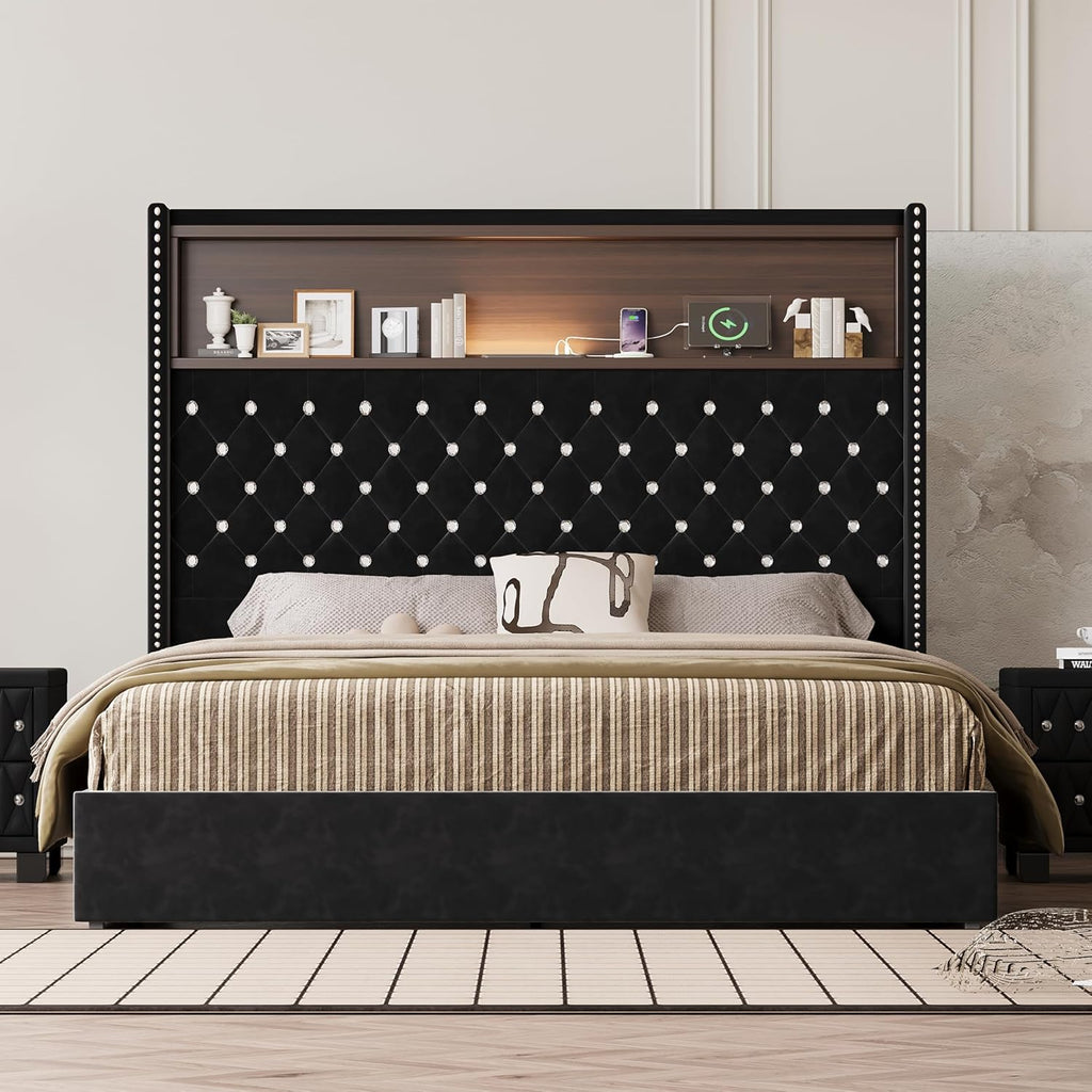Queen Size Bed Frame with Storage, Velvet Tufted Soft Bed Frame with 52'' High Headboard with Rivet Decoration, Wing-back Platform Bed with Headboard Shelf, No Box Spring Needed (Black,Queen,42)