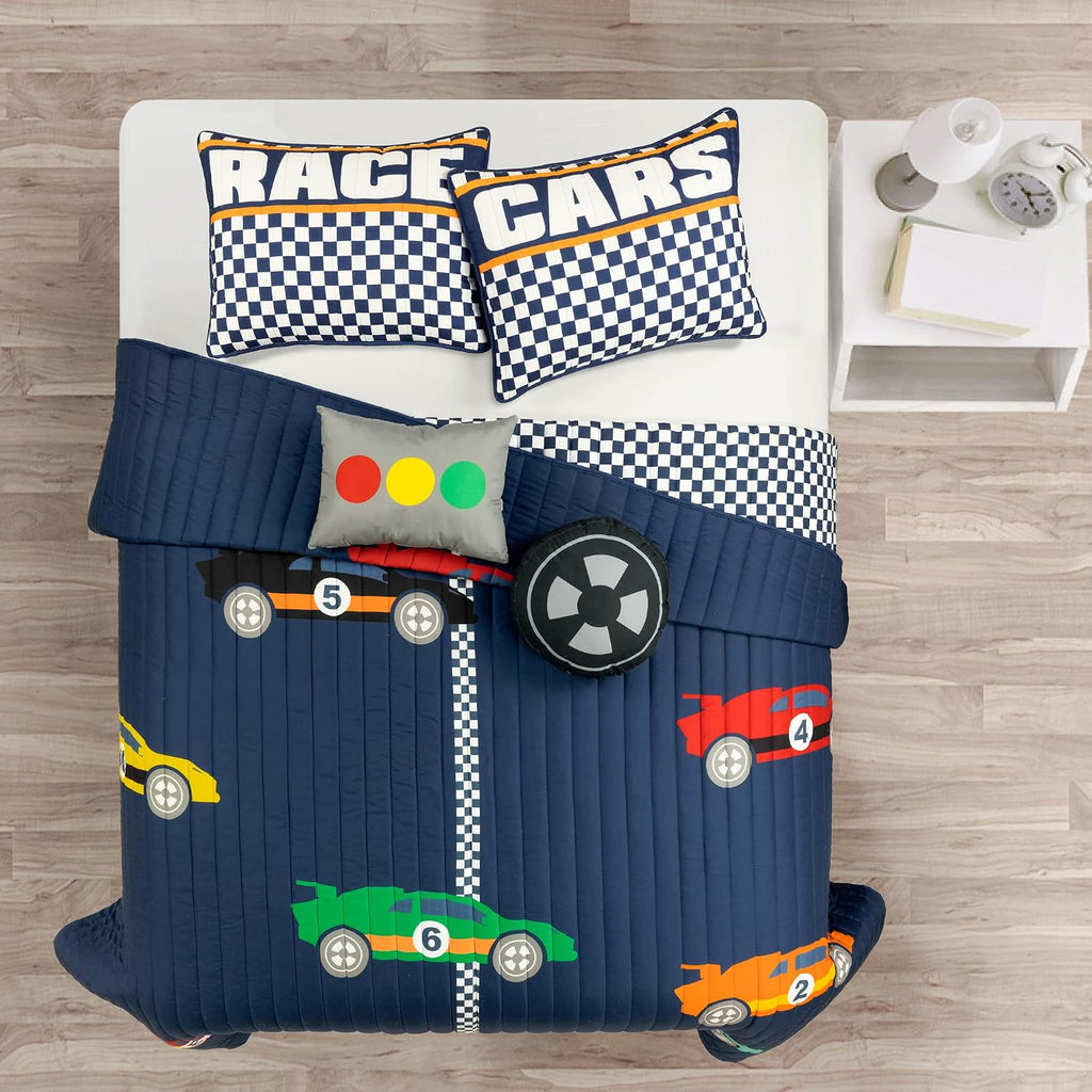 Lush Decor Racing Cars Reversible Quilt Queen Size 5 Piece Set Full/Queen Navy - Kids Bedding Set Queen Quilt - Car Decor