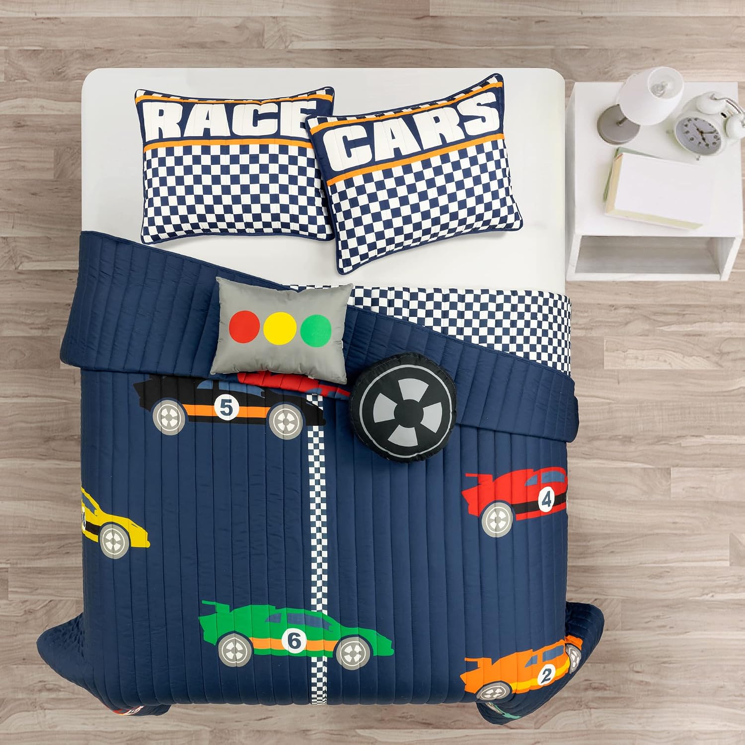 Lush Decor Racing Cars Reversible Quilt Queen Size 5 Piece Set Full/Queen Navy - Kids Bedding Set Queen Quilt - Car Decor