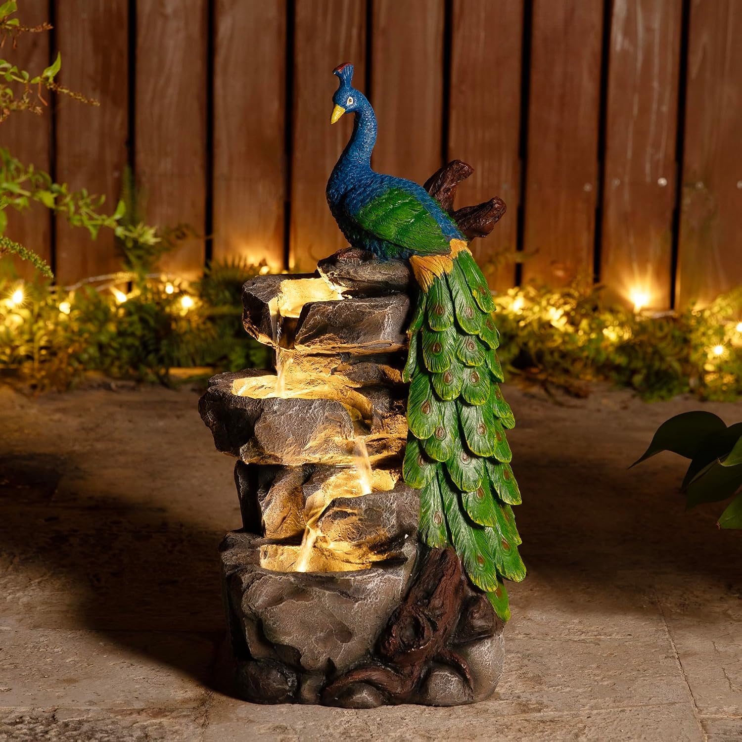 Glitzhome Outdoor Water Fountain,20.5' H Polyresin Outdoor Fountain with Lights, 4-Tierd Peacock W/Stacked Stone Decorative Waterfall Feature Garden Fountain with Pump for Garden, Patio, Porch Decor
