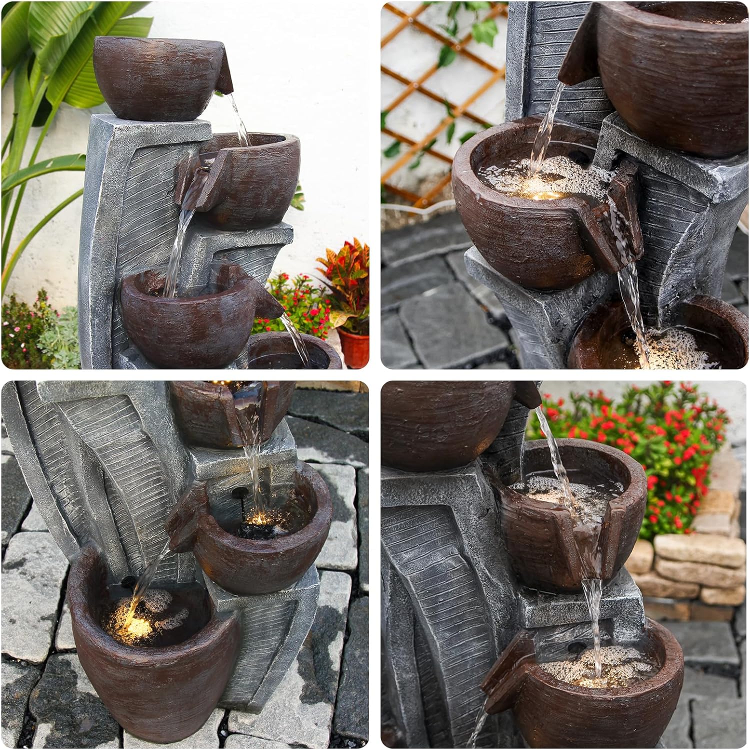 6-Tier Cascading Outdoor Water Garden Fountain 49.61''H Modern Floor-Standing Indoor Waterfall Fountains Bowl and Jar Water Feature with LED Lights for Office Home Art Decor Deck Yard Patio Porch