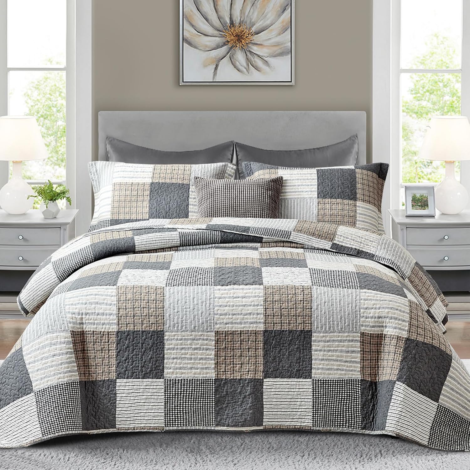 Finlonte King Quilt Bedding Set - 100% Cotton King Size Comforter, Plaid Quilted Bedspread Farmhouse Country Bed Spread, Lightweight Reversible King Quilt Sets All-Season, Gray/Brown/Black/White, 3Pcs