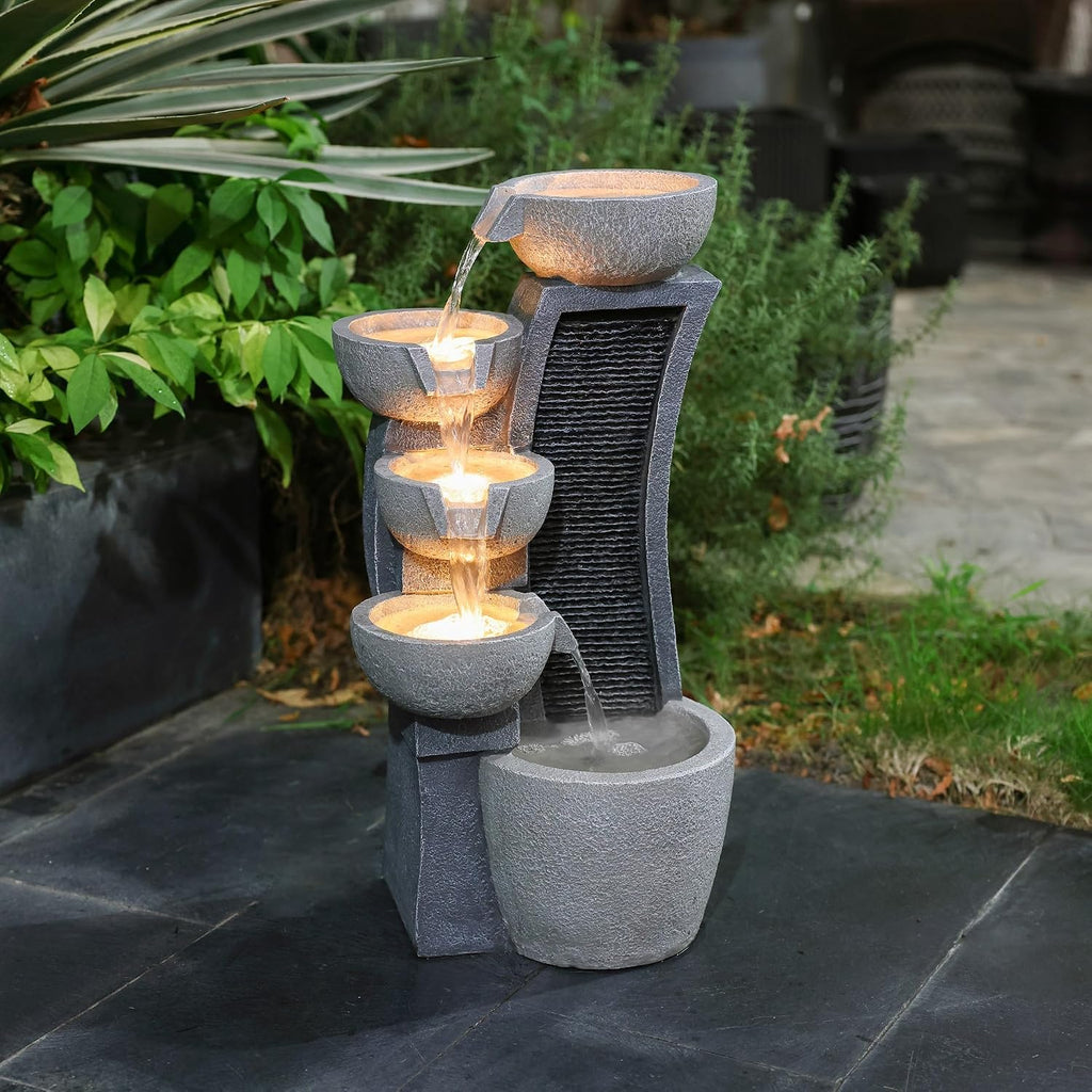 LuxenHome Water Fountain Outdoor, 26 Inch Resin Cascading Bowl Water Fountains Indoor with LED Lights, Modern Garden Decor, Small Waterfall Fountain, Outdoor Fountains and Waterfalls Garden Decor
