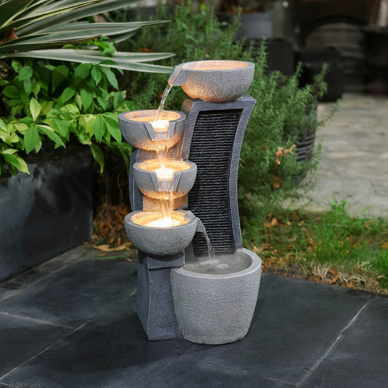 LuxenHome Water Fountain Outdoor, 26 Inch Resin Cascading Bowl Water Fountains Indoor with LED Lights, Modern Garden Decor, Small Waterfall Fountain, Outdoor Fountains and Waterfalls Garden Decor