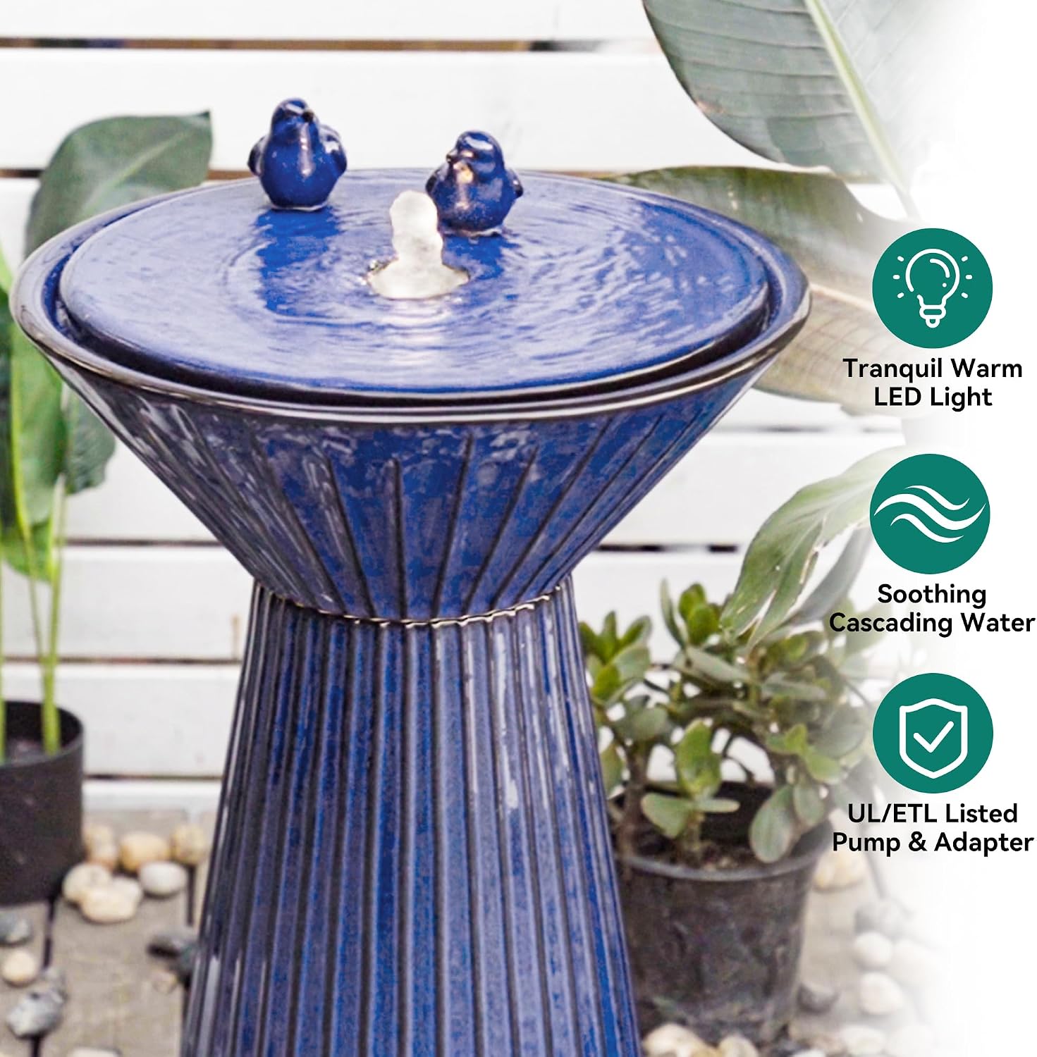 28' Tall Ceramic Outdoor Fountain and Waterfalls, Patio Fountain with LEDs, Birdbath for Outside, Soothing Water Feature for Relaxing Front Porch, Garden, Backyard, Cobalt Blue, 2KD Birds