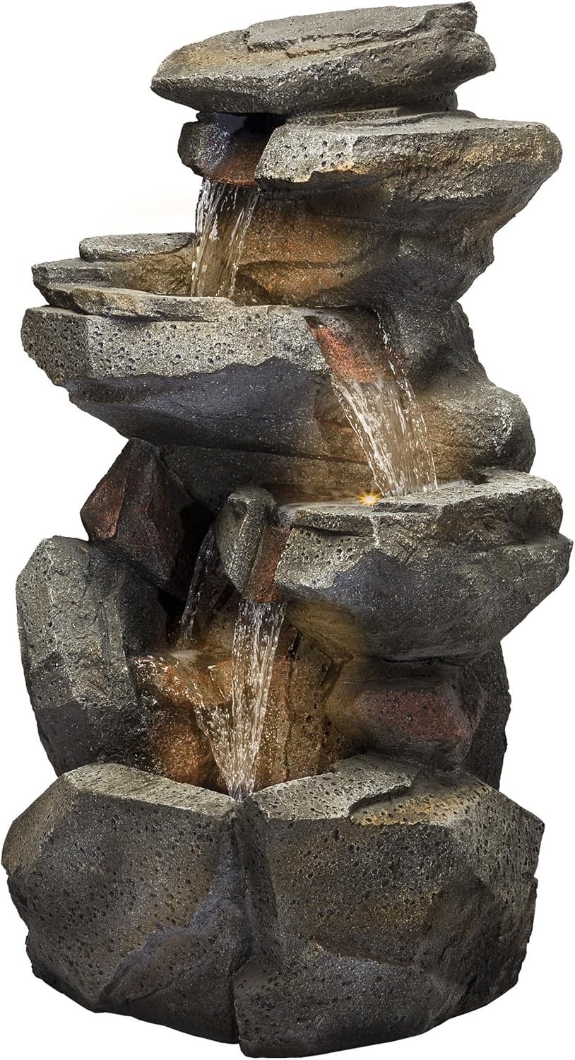 Alpine Corporation 40' Tall Outdoor Multitiered Rock Waterfall Floor Fountain with LED Lights, Natural Stone Look, Cascading Water Feature for Gardens, Patios, and Yards, Gray