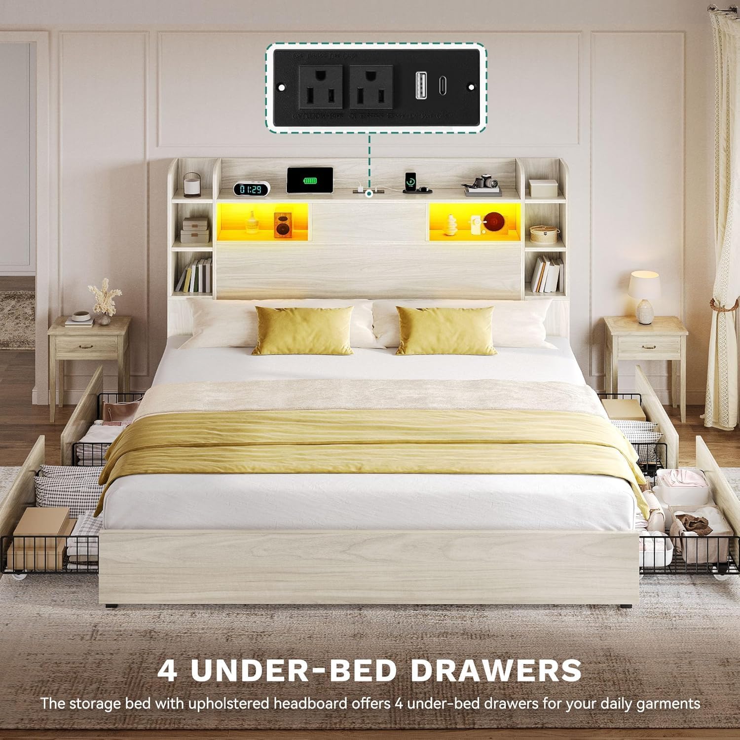 DWVO King Size Bed Frame with Bookcase Headboard and 4 Storage Drawers, RGB LED Bed Frame with Type-C & USB Charging Station Storage Headboard Bed, No Box Spring Needed, Noise Free, Wooden White