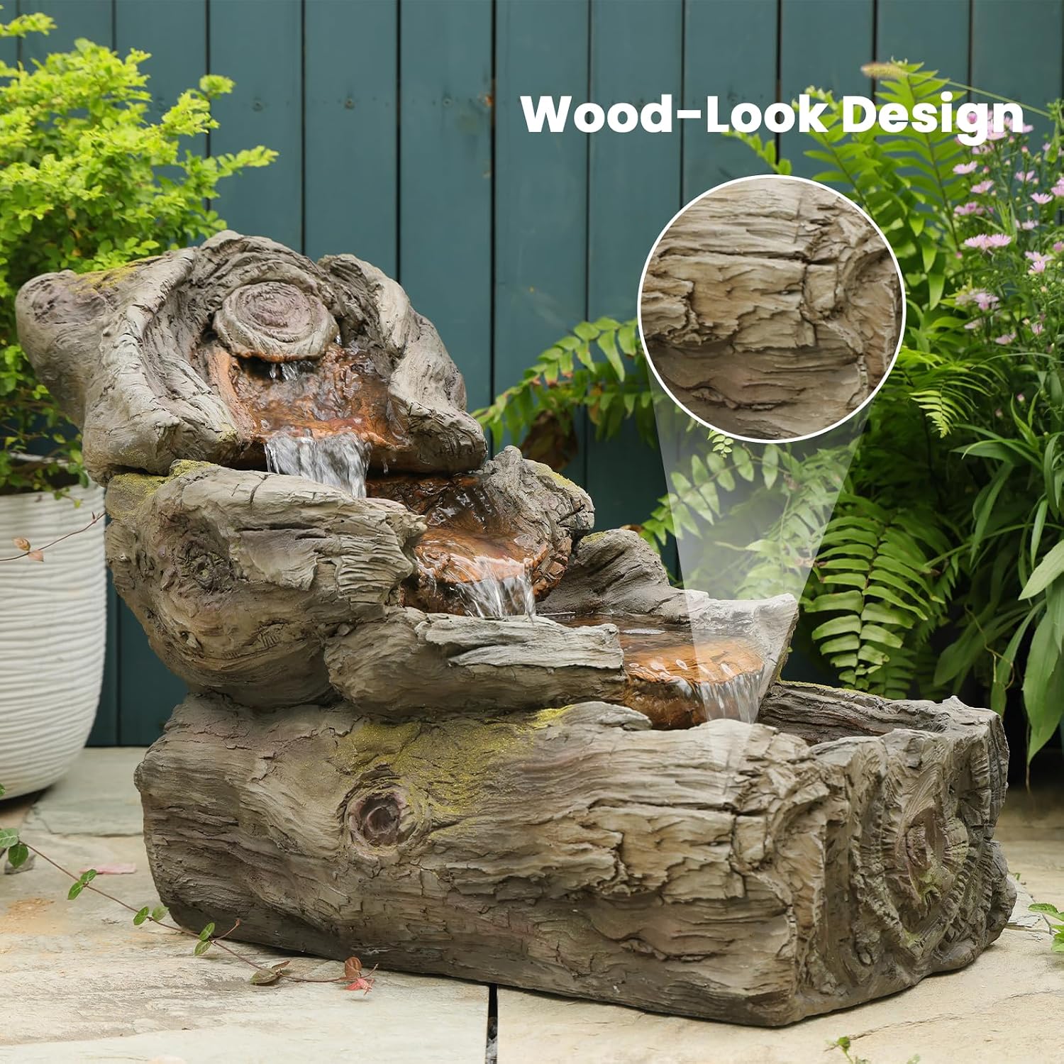 Sunlinua 23.62' L Outdoor Water Fountain with 3 Tiers Cascading Realistic Tree Trunk Waterfall Fountains with LED Lights Outdoor Water Fountain for Garden Patio Backyard Porch Home Decor