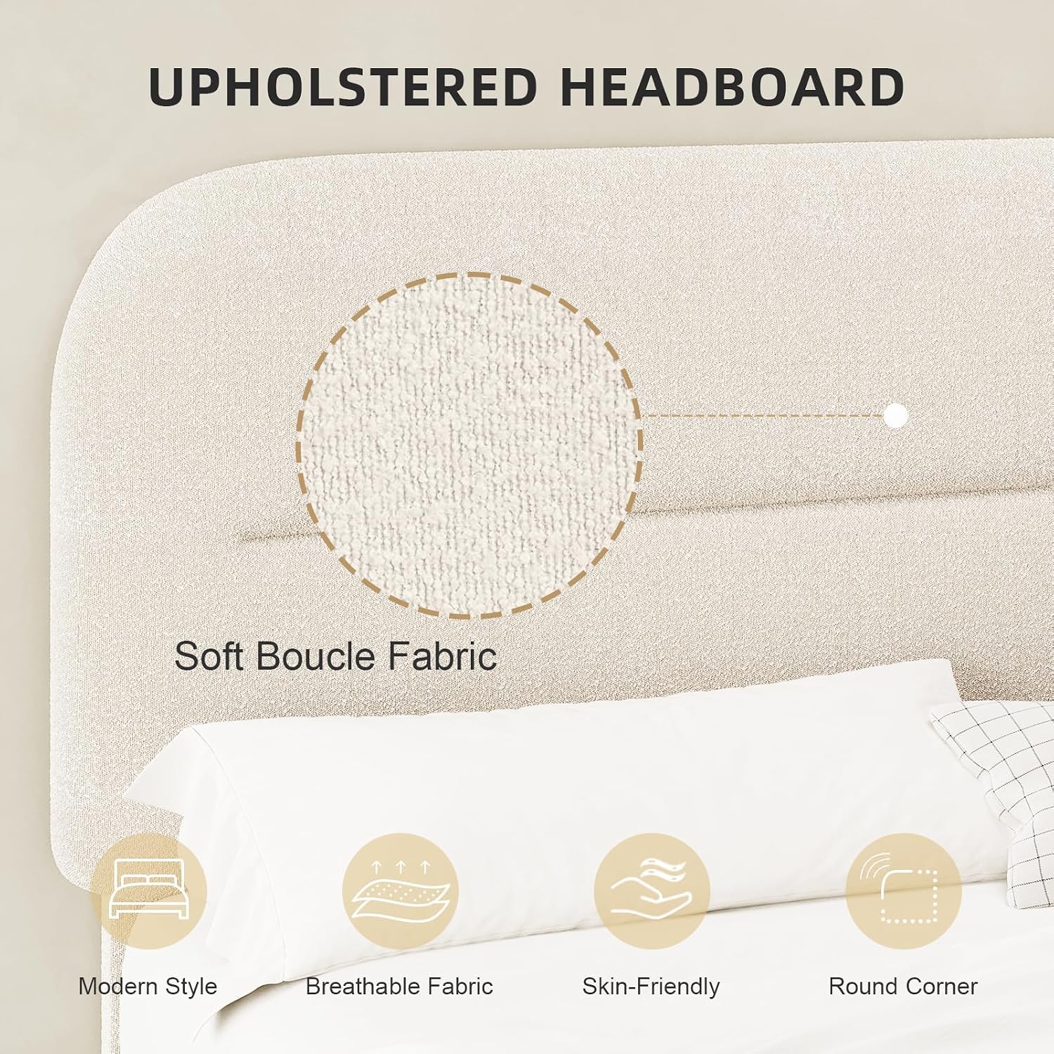 HOMBCK Queen Bed Frame with Headboard, Boucle Upholstered Soft Platform Bed Frame with Thickened Footboard, Rounded Corners Design, No Box Spring Required, Easy Assembly, Cream