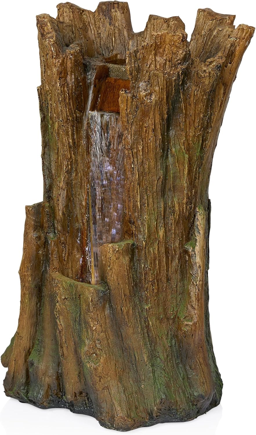 Alpine Corporation TZL294 Outdoor Tree Trunk Floor Fountain with Cool White LED Lights, Tiered Garden Decor, 22' H, Brown