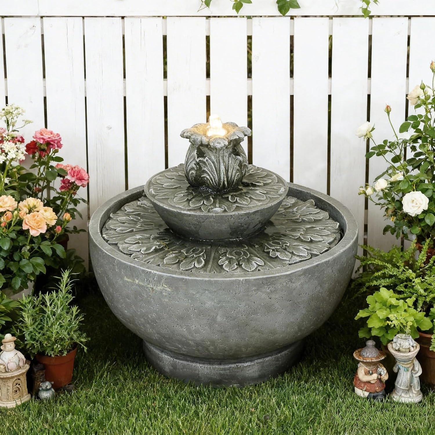 Sunlinua Small Modern Outdoor Water Fountain with Led Lights 3-Tiers Cascading Waterfall Feature with Quiet Pump Floor Water Fountain for Patio Garden Backyard Decking Home and Indoor Décor Gray