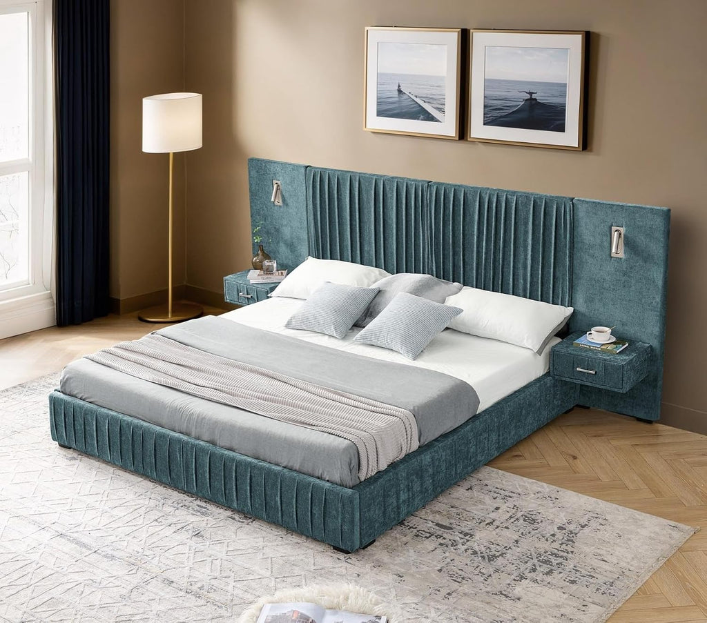 KEIKI Queen Size Chenille Bed Frame with 2 Nightstands, Lamps & Oversize Headboard, Solid Wood Frame Platform Night Stand Bedroom Set, Upholstered Floor Grounded Bed, No Box Spring Needed, Blue Green