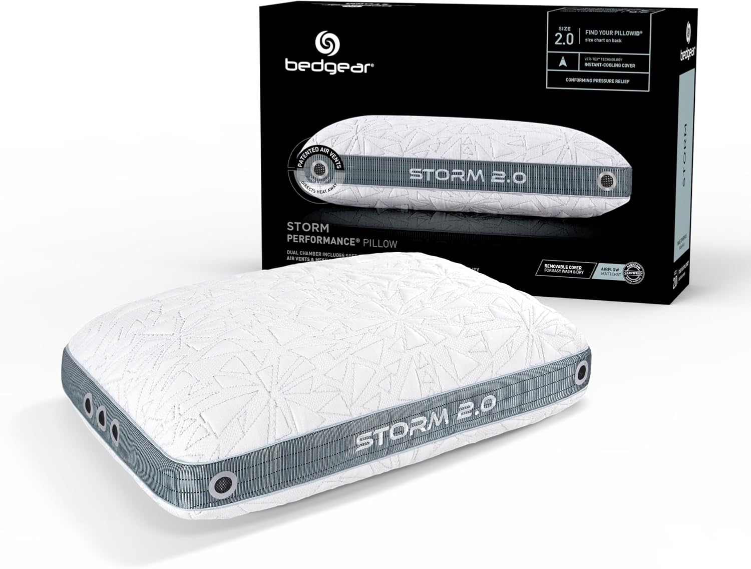 Bedgear Storm Performance Pillow – 2.0 - Cooling Bed Pillow for Hot Sleepers - Medium Firmness Pillow for All Sleep Positions, Washable & Removable Cover - 20' W x 26' L x 5.75' H
