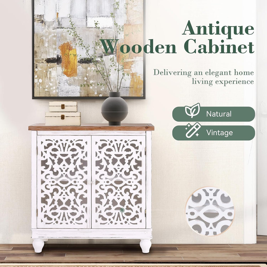 Sophia & William Accent Cabinet with 2 Doors, Distressed Storage Cabinet with Wood Frame and Hollow-Carved Door for Entryway Living Room, White